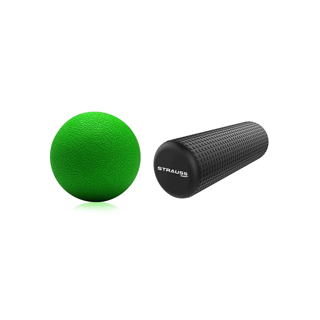 Strauss Yoga Massage Ball, (Green) Back and Spine Massager Ball,+Strauss Yoga Foam Roller, 30 cm, (Black)