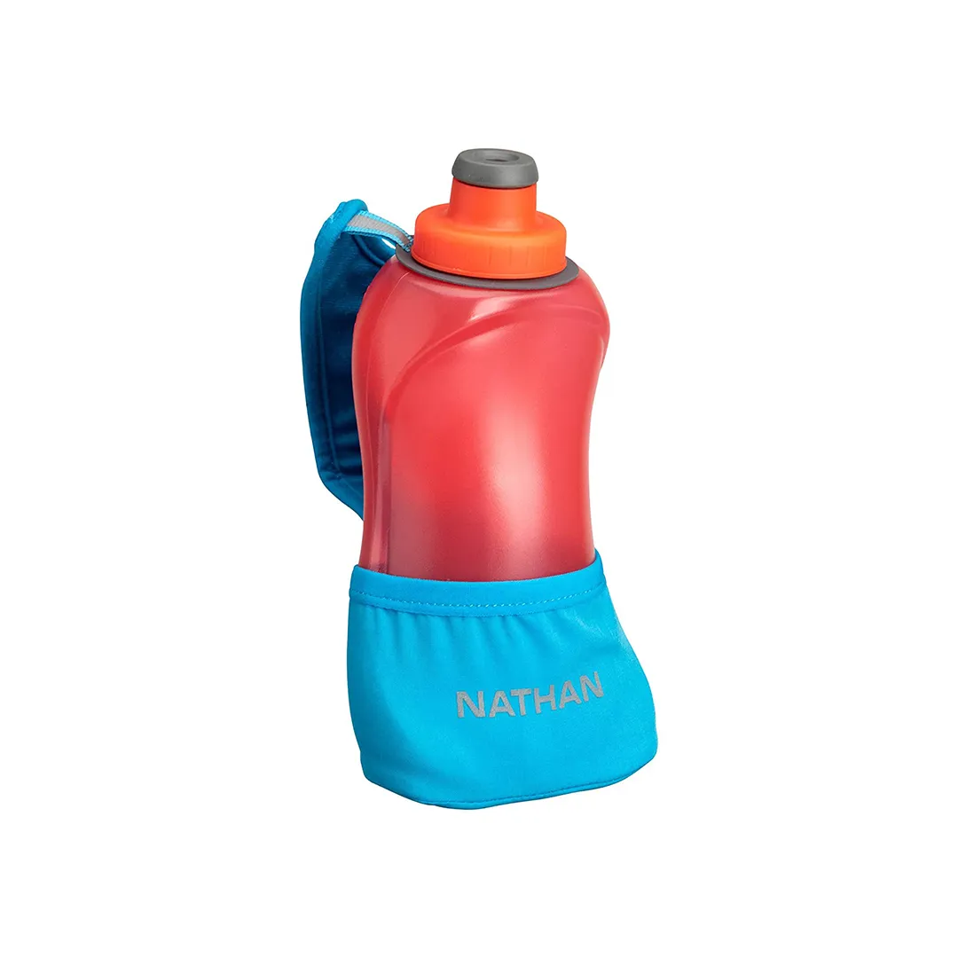Nathan Running Handheld Quick Squeeze. No-Grip Adjustable Hand Strap. 12oz / 18oz / Insulated. Reflective Hydration Water Bottle. (18oz, Blue/Orange)