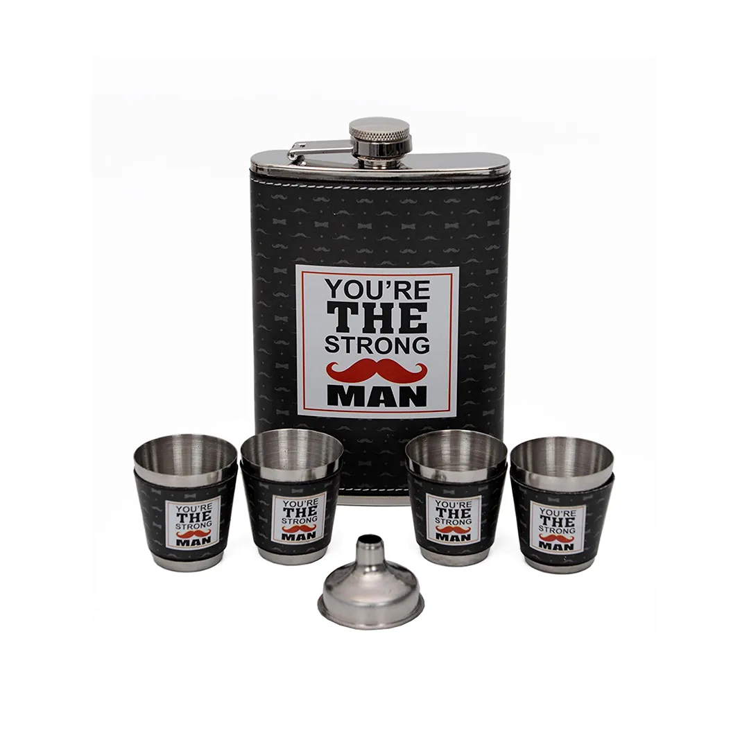 Store2508® Hip Flask Set with Shot Glasses & Funnel in Attractive Printed Box. “You are The Strong Man”.