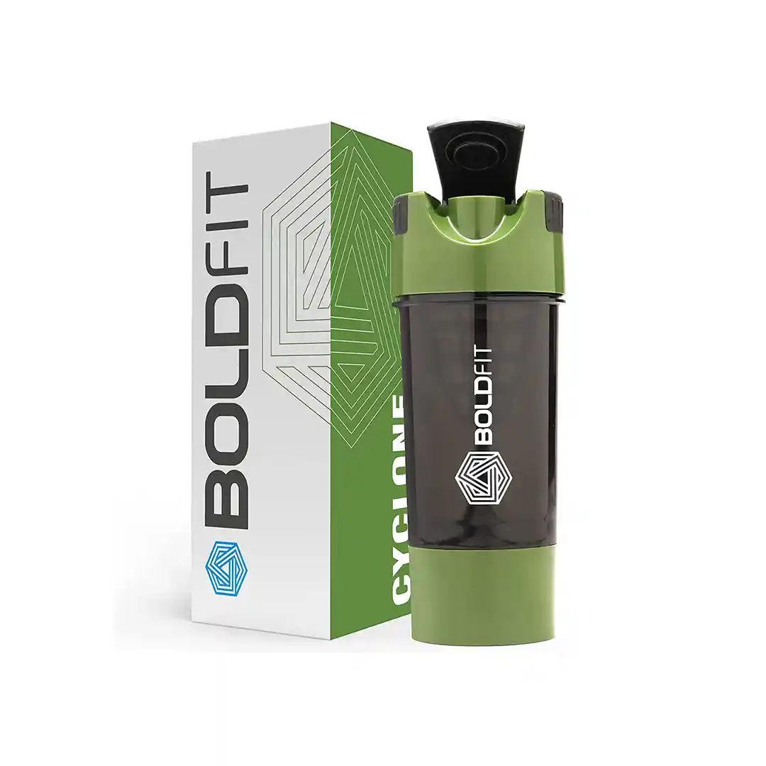 Boldfit Gym Shaker Pro Cyclone Shaker Bottle 500ml with Extra Compartment, Leakproof, Sturdy Ideal for Protein Supplement, Preworkout and BCAAs, BPA Free Sipper Bottle Shaker bottle for Gym Army Green