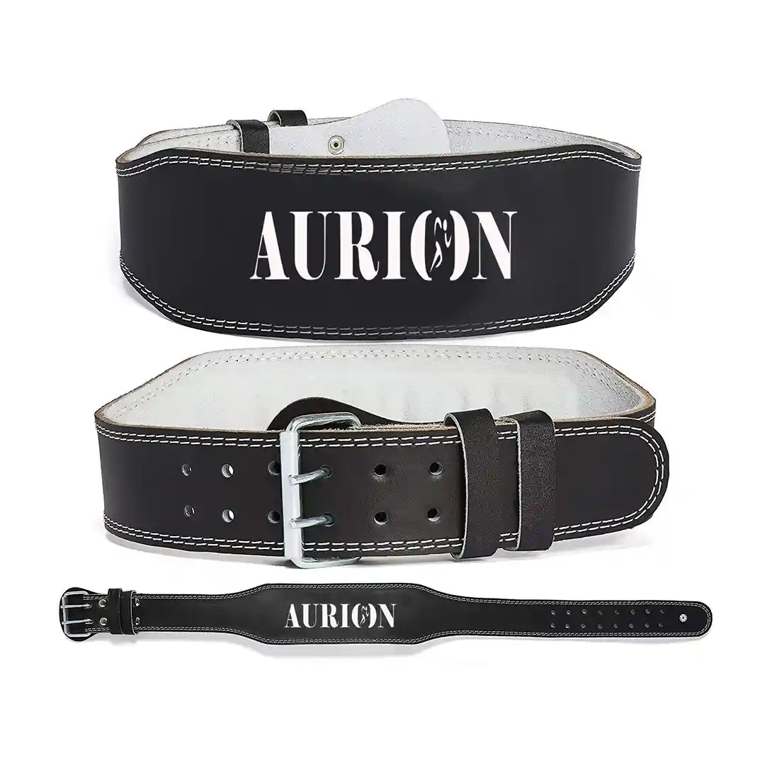 Aurion Genuine Leather Weight Lifting Belt Body Fitness Gym Back Support Power Lifting Belt (Medium), Black